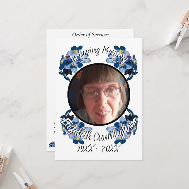 Five Photos Forget Me Not Floral Memorial Invitation (Front/Back In Situ)