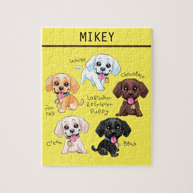 Five puppies puzzle with personalised name. (Vertical)