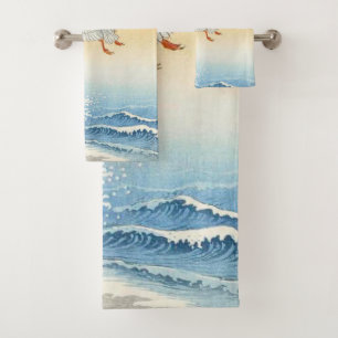 Five seagulls above turbulent sea by  Ohara Koson Bath Towel Set