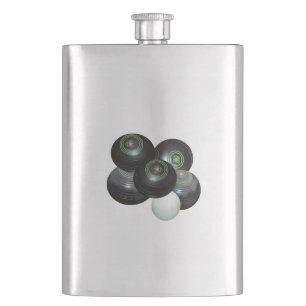 Five Stacked Lawn Bowls And Jack, Hip Flask