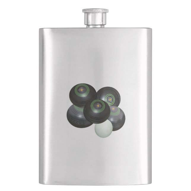 Five Stacked Lawn Bowls And Jack, Hip Flask (Front)