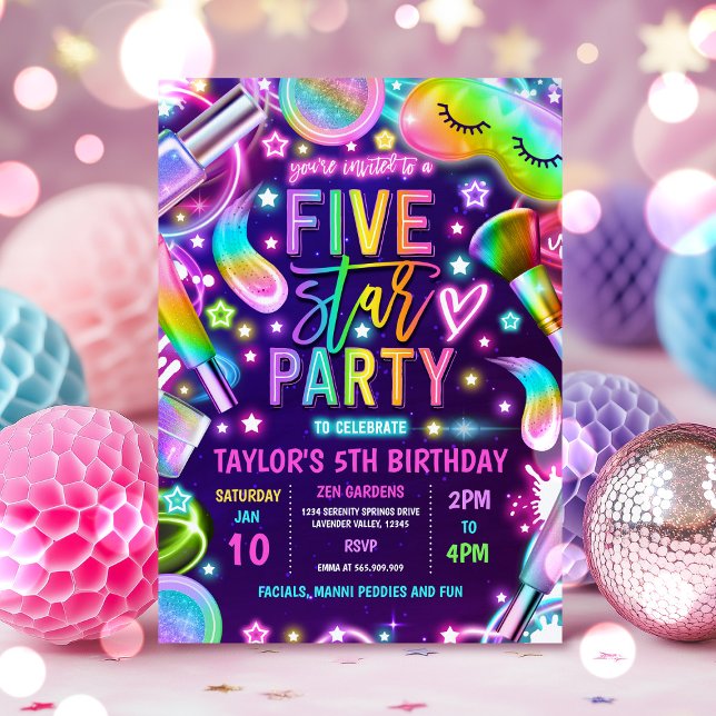 Five Star Party Neon Glow Spa Makeup 5th Birthday Invitation (Creator Uploaded)