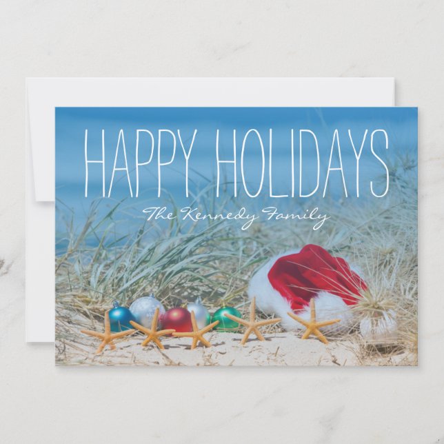 Five starfish on a beach with a Santa hat Holiday Card (Front)
