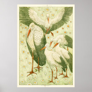 Five Storks in a Meadow Poster