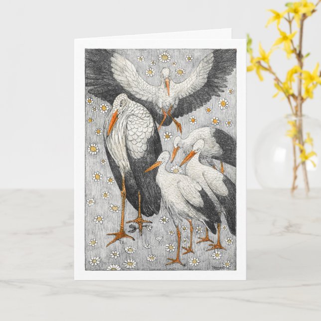 Five Storks in a Meadow - Theo van Hoytema  Card (Yellow Flower)