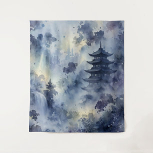Five Tier Pagoda Mystic Forest Indigo Gold Tapestry