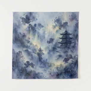 Five Tier Pagoda Mystic Forest Indigo Gold Tapestry