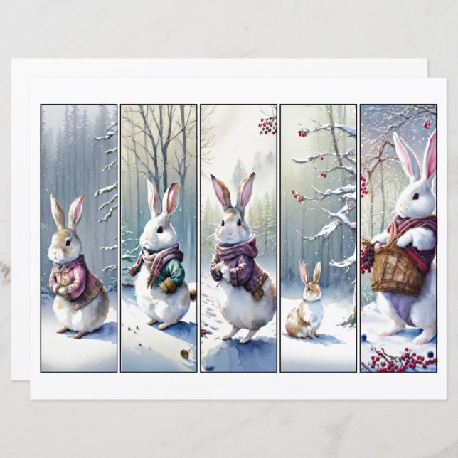 Five whimsical snow bunnies Christmas bookmark set (Front/Back)