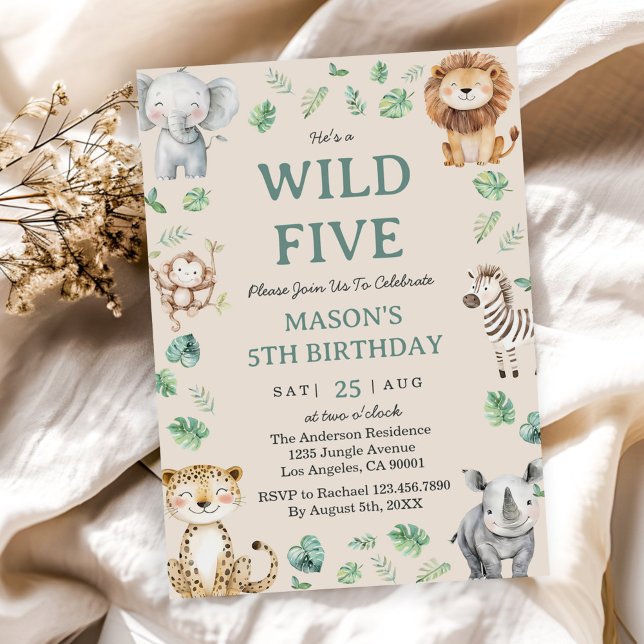 Five Wild Jungle Safari Animals 5th Birthday Theme Invitation (Creator Uploaded)