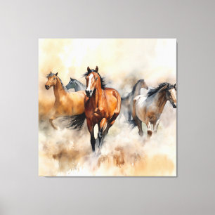 “Five Wild Mustangs” Dusty Western Watercolour Canvas Print