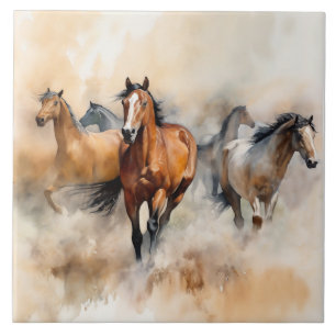 “Five Wild Mustangs” Dusty Western Watercolour Ceramic Tile