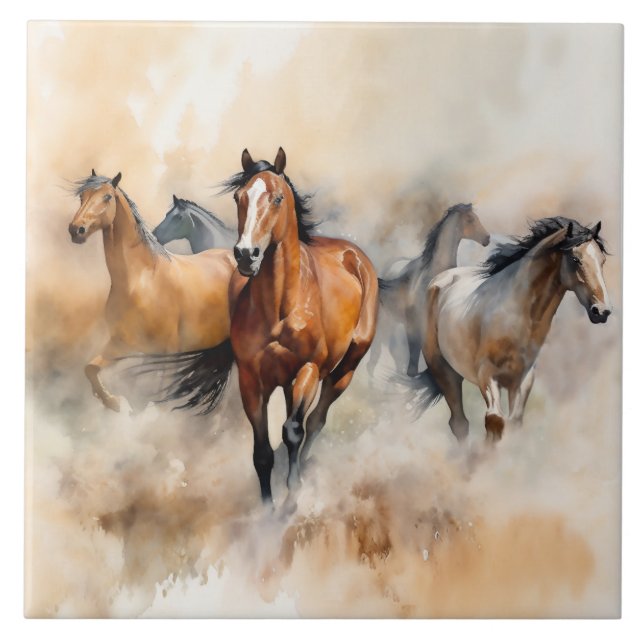 “Five Wild Mustangs” Dusty Western Watercolour Ceramic Tile (Front)