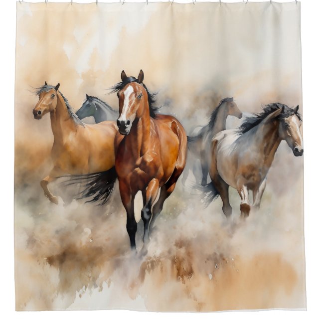 “Five Wild Mustangs” Dusty Western Watercolour Shower Curtain (Front)