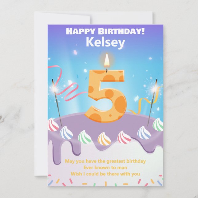 Five year old Happy Birthday card personalised (Front)