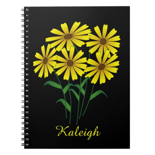 Five Yellow Flowers on Black Personalised Notebook (Front)