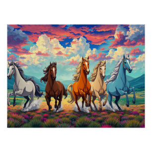 Fived Horses Running Free Poster