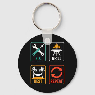 Fix Grill Rest Repeat Funny BBQ Grilling Dad Key Ring