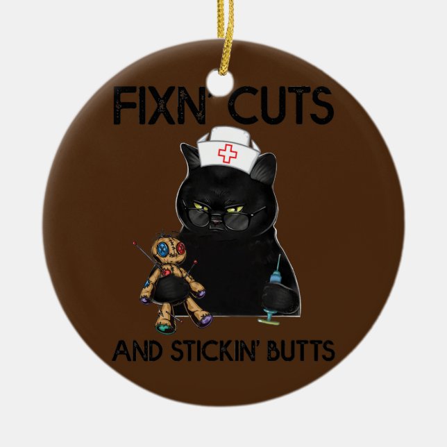 Fixng Cut And Sitcking Butt Cat Nurse Stab  Ceramic Ornament (Front)
