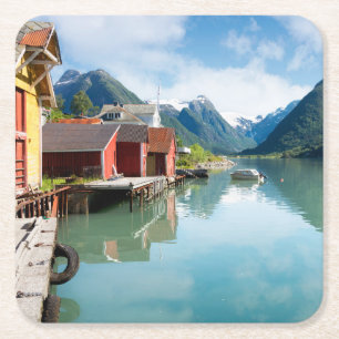 Fjaerlandsfjord fjord landscape in Norway Square Paper Coaster