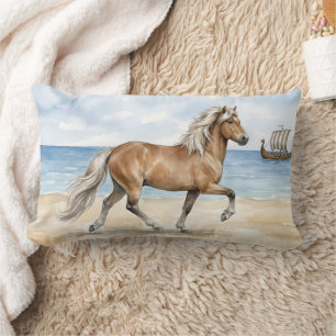 Fjara Icelandic Horse watercolor on the Beach Lumbar Cushion