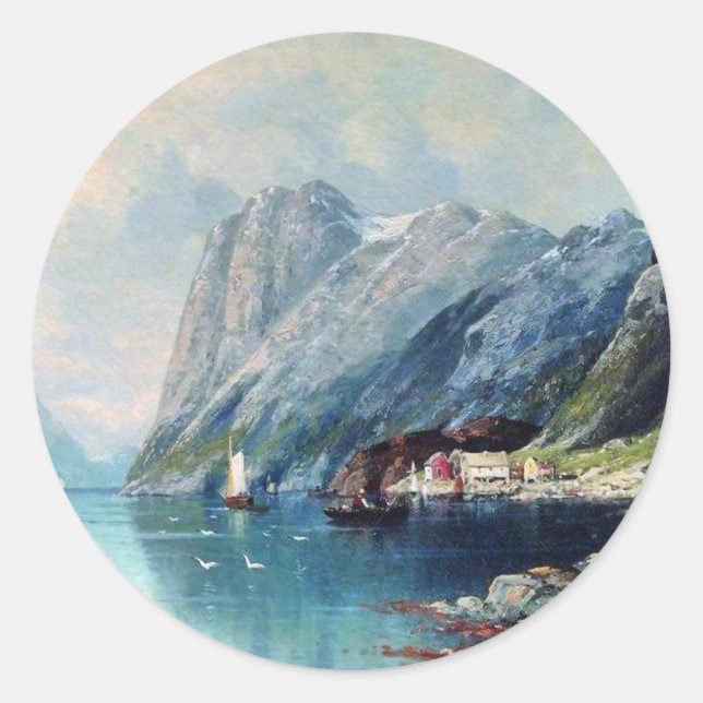 Fjord in Norway painting by Lev Lagorio Classic Round Sticker (Front)