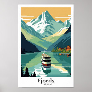 Fjords Norway Travel Art Vintage Illustration Poster