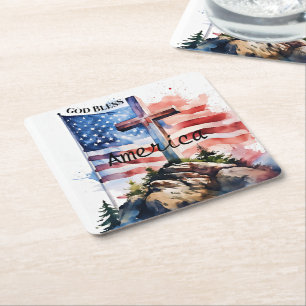 Flag and cross "God Bless America" Square Paper Coaster