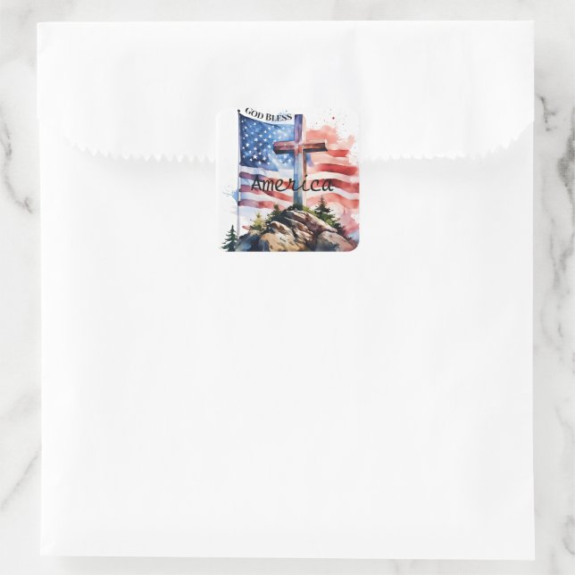 Flag and cross "God Bless America" Square Sticker (Bag)