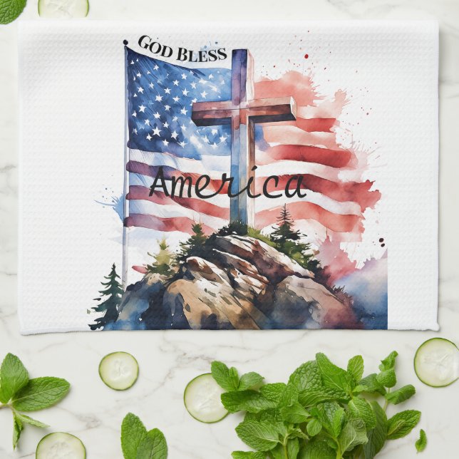 Flag and cross "God Bless America" Tea Towel (Folded)