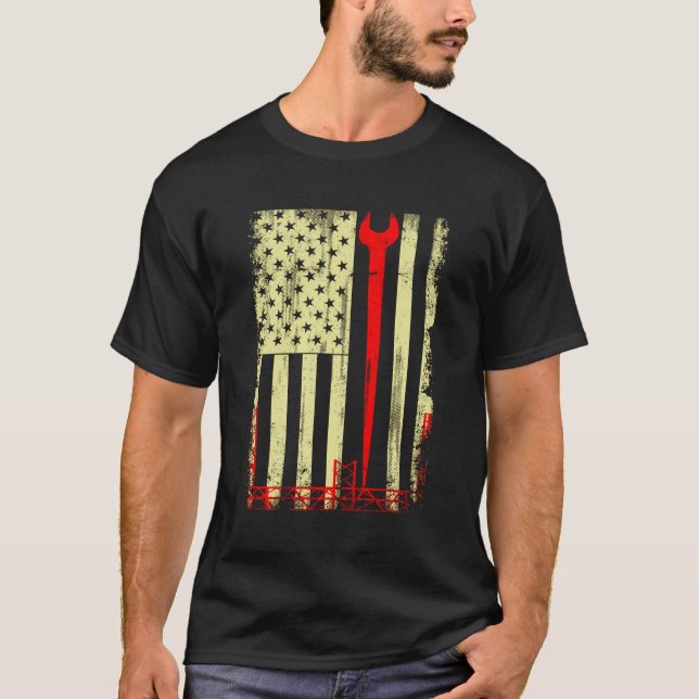 Flag And Ironworker Tools Funny Ironworkers T-Shirt (Front)
