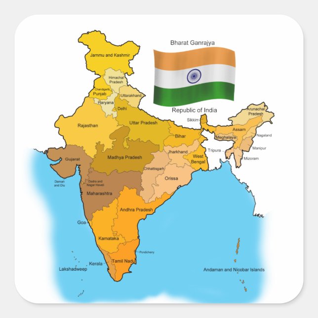 Flag and Map of India Square Sticker (Front)
