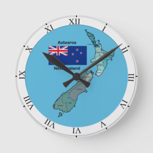 Flag and Map of New Zealand Round Clock