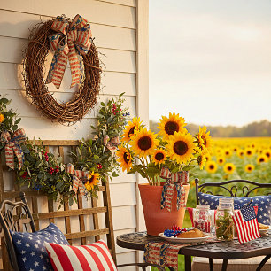 Flag and sunflowers satin ribbon