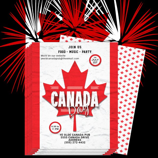 Flag Canada Day July 1st Red Maple Leaf Invitation Flyer (Flag of Canada red maple left with Canada Day invitation flyer.  Maple leaf pattern on back of card)