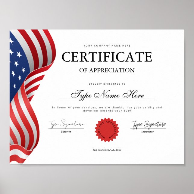 Flag Certificate of appreciation, recognition Poster (Front)