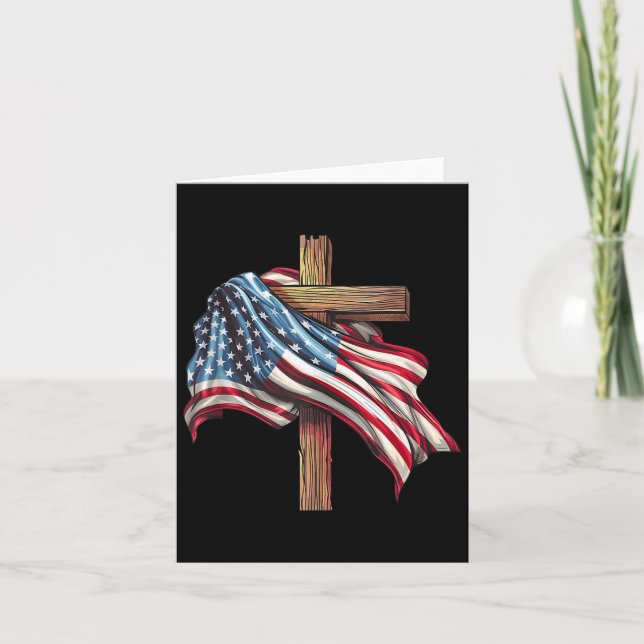 Flag Christian Cross Jesus 4th Of July Patriotic  Card (Front)