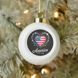 Flag Heart 1776 2026 July 4th 250th Birthday Ceramic Ball Christmas Ornament