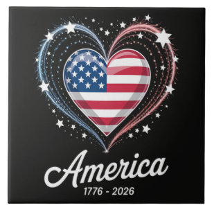 Flag Heart 1776 2026 July 4th 250th Birthday Ceramic Tile