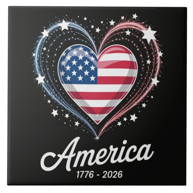 Flag Heart 1776 2026 July 4th 250th Birthday Ceramic Tile (Front)
