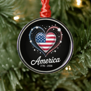 Flag Heart 1776 2026 July 4th 250th Birthday Metal Ornament
