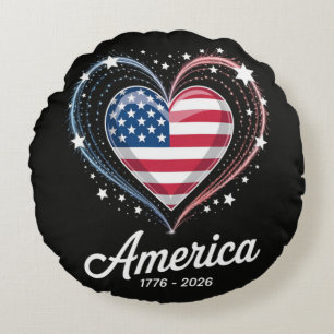 Flag Heart 1776 2026 July 4th 250th Birthday Round Cushion
