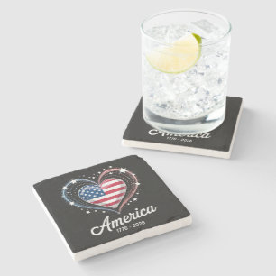 Flag Heart 1776 2026 July 4th 250th Birthday Stone Coaster