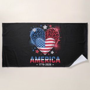 Flag Heart Leopard 1776 2026 July 4th Beach Towel