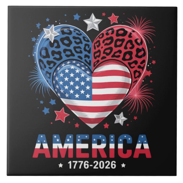 Flag Heart Leopard 1776 2026 July 4th Ceramic Tile (Front)