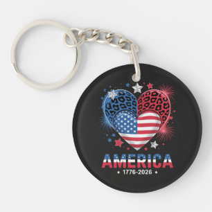 Flag Heart Leopard 1776 2026 July 4th  Key Ring