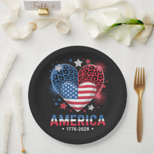 Flag Heart Leopard 1776 2026 July 4th Paper Plate