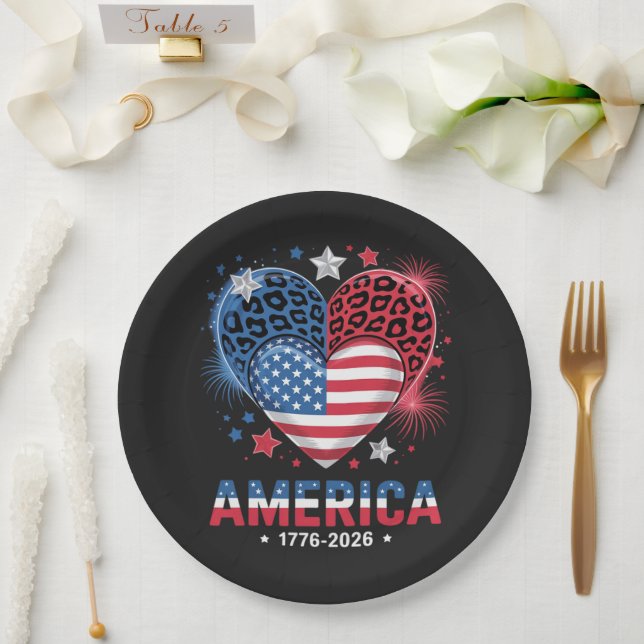 Flag Heart Leopard 1776 2026 July 4th Paper Plate (Wedding)