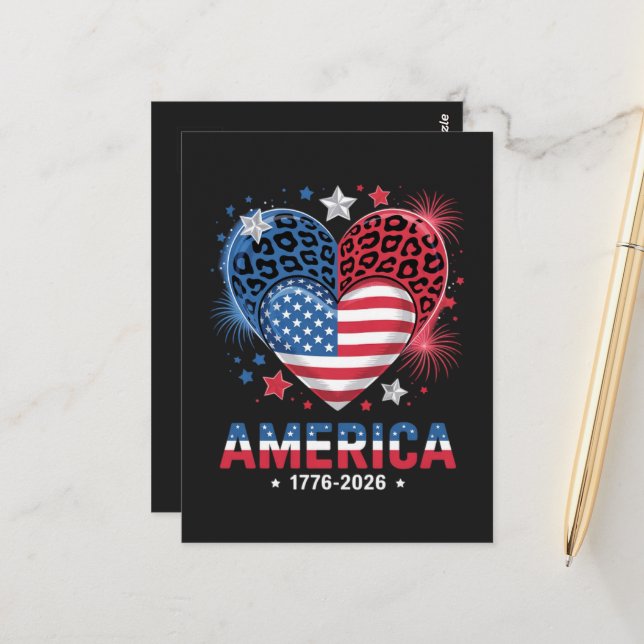 Flag Heart Leopard 1776 2026 July 4th  Postcard (Front/Back In Situ)