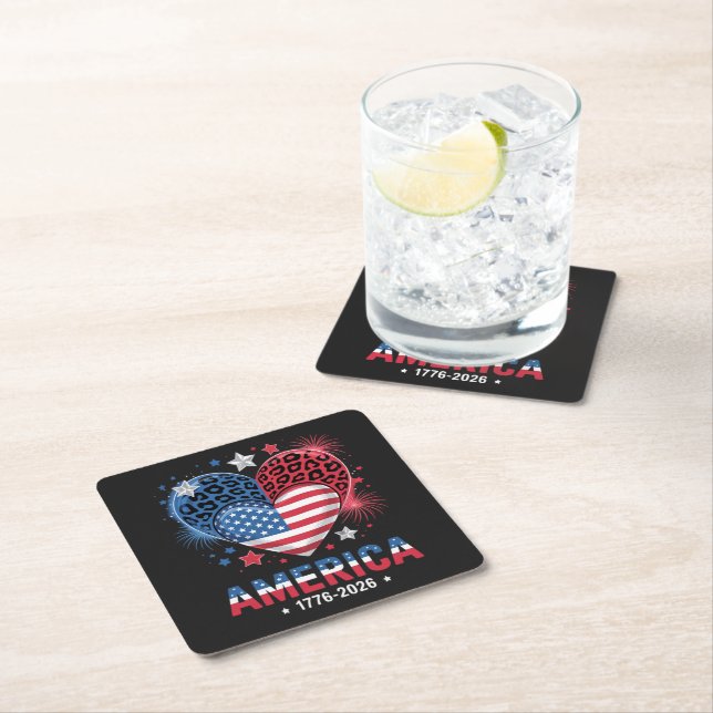 Flag Heart Leopard 1776 2026 July 4th Square Paper Coaster (Insitu)