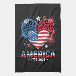 Flag Heart Leopard 1776 2026 July 4th Tea Towel